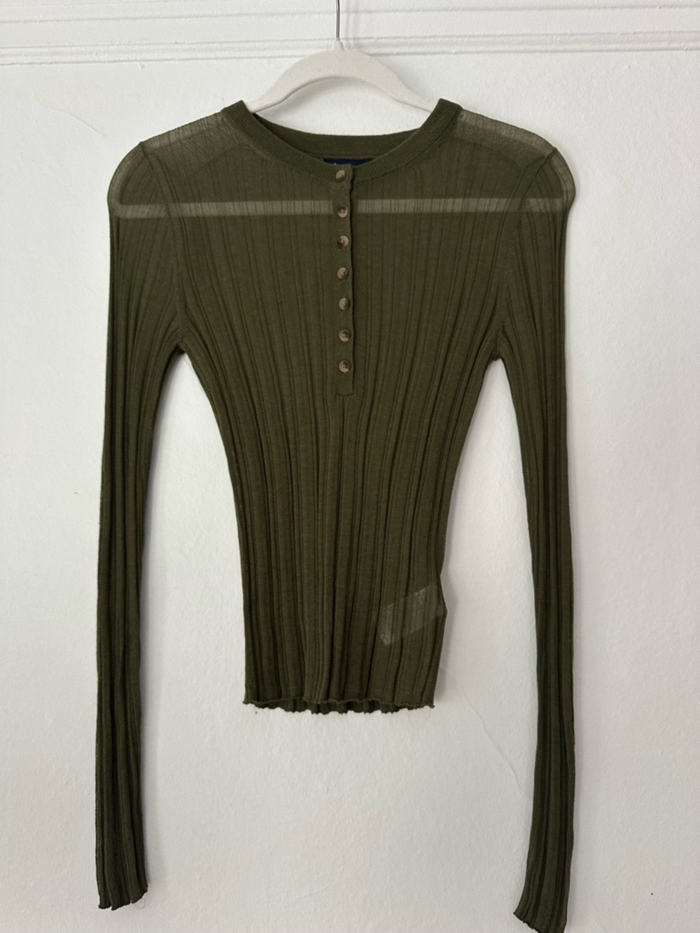 GAP Olive Green Ribbed Sheer Button Henley Long Sleeve Top